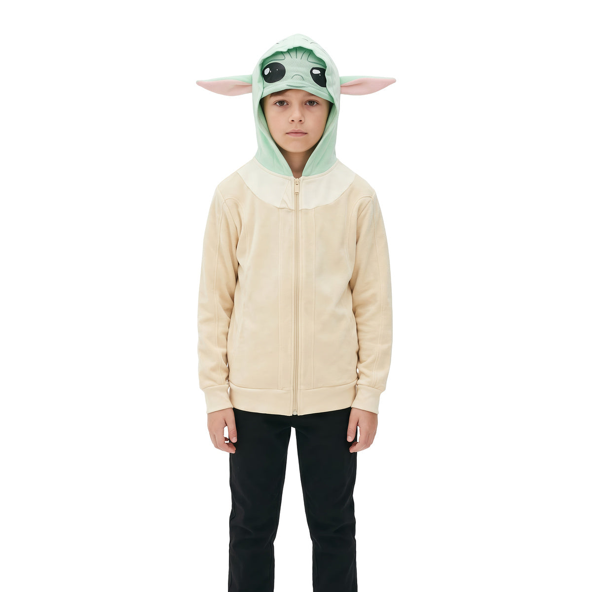Child wearing the Yoda zip hoodie with the mask hood and ears up, front view on white