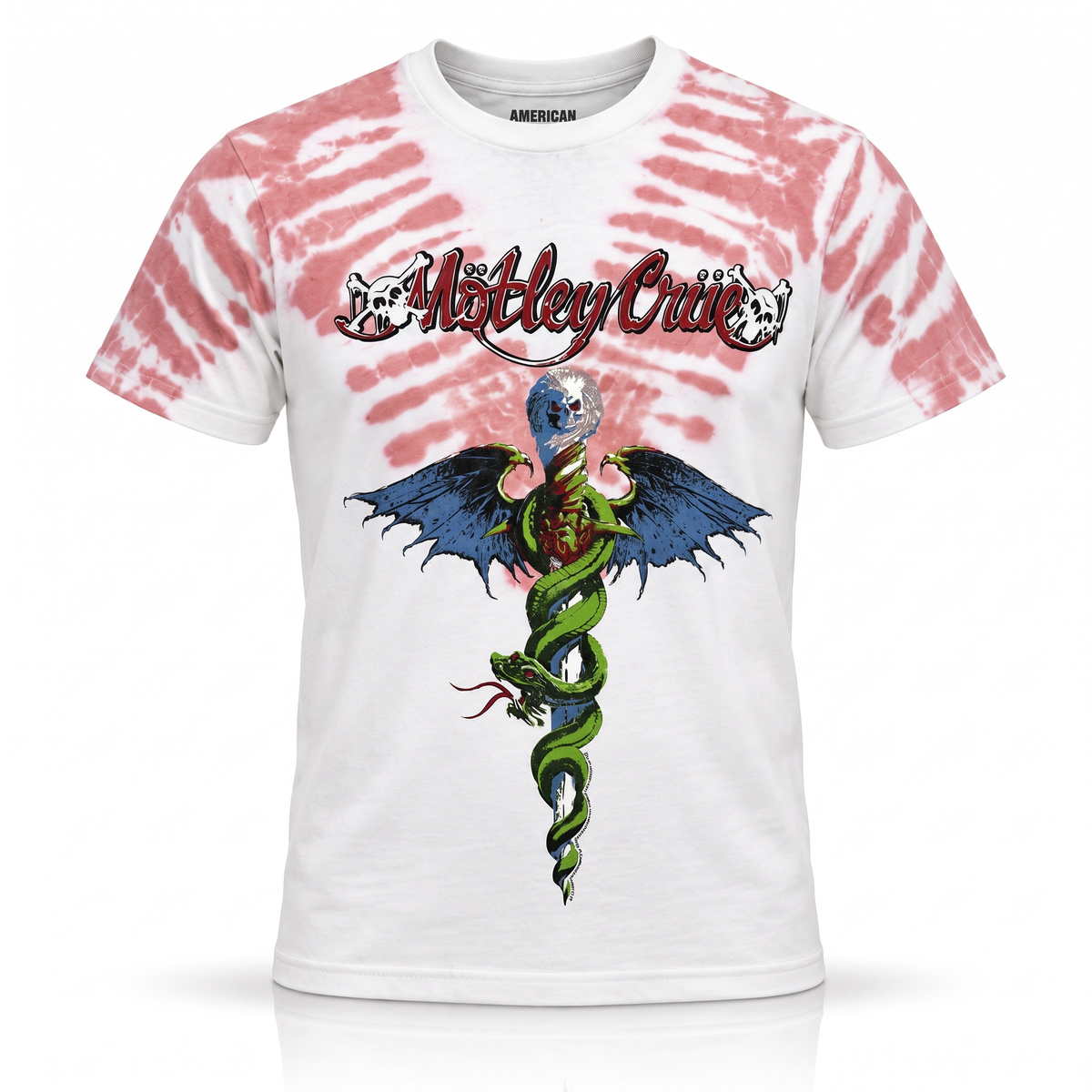 The Crew Feelgood logo tie-dye T-shirt, front view on white background, red tie-dye with winged snake graphic