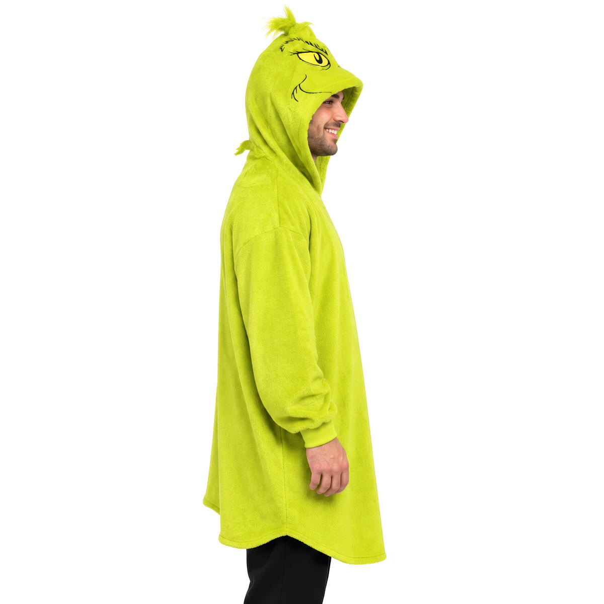 Side view of the long Grinch plush fleece hoodie poncho with Grinch face hood