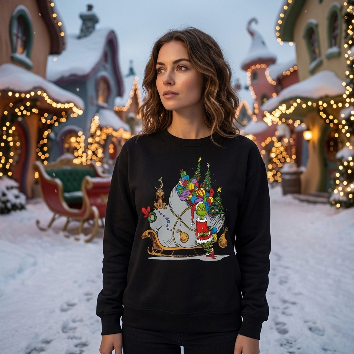 Woman wearing the Grinch on Sleigh with Max sweater in a snowy, lit-up Christmas village