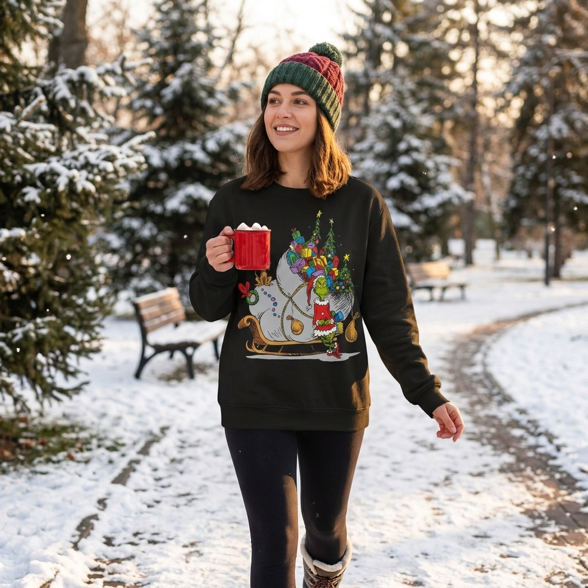 Woman with a hot cocoa mug walking a snowy park path in the Grinch on Sleigh with Max sweater