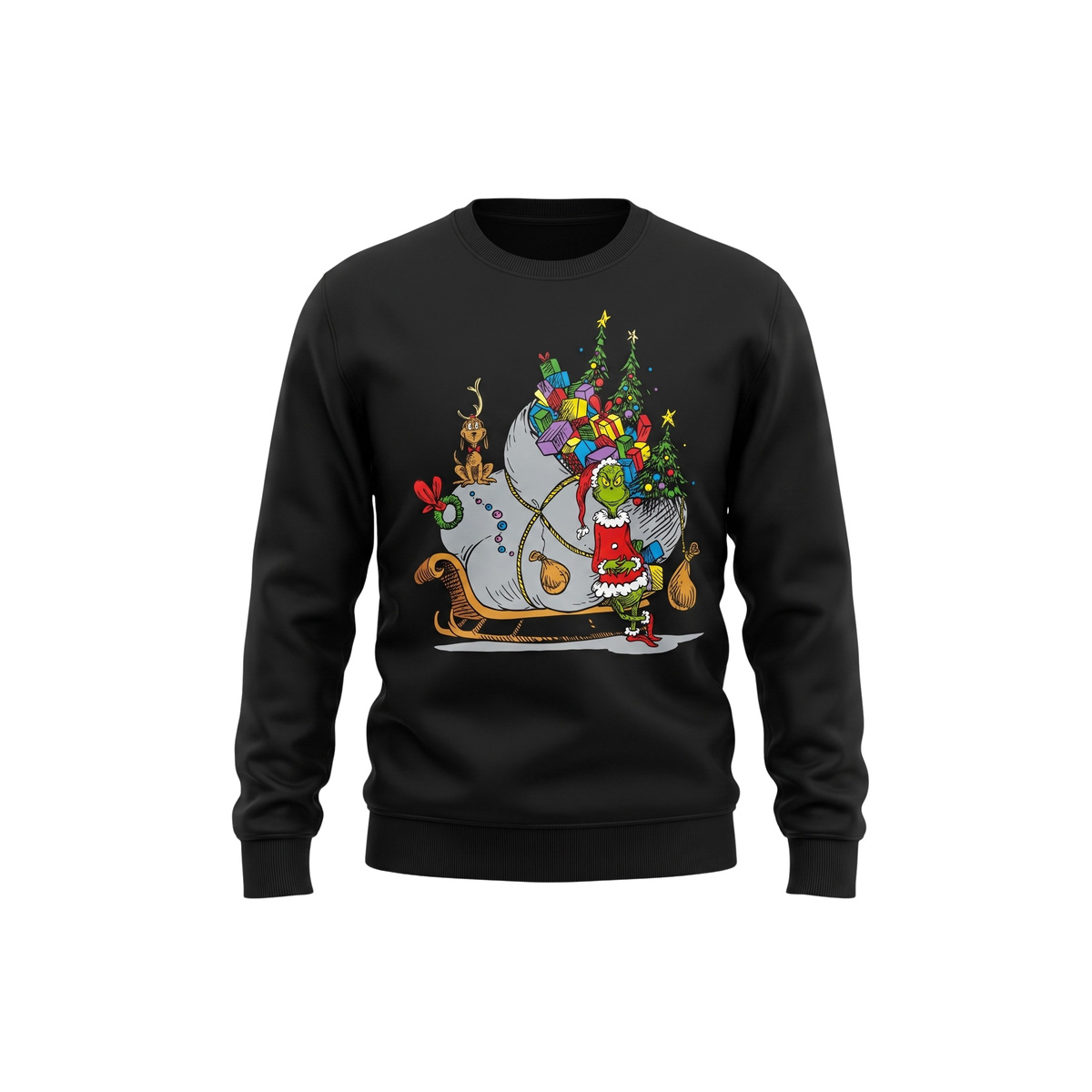 Grinch on Sleigh with Max Christmas sweater shown front on a white background