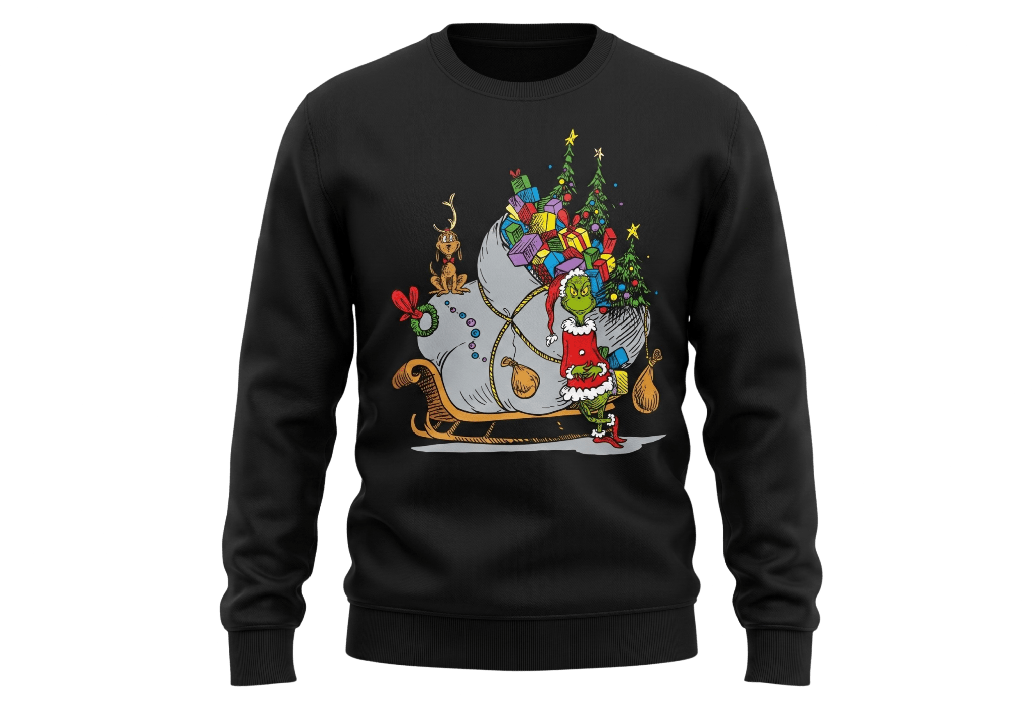 The Grinch on Sleigh with Max Christmas Officially Licensed Adult Sweater - TVStoreOnline