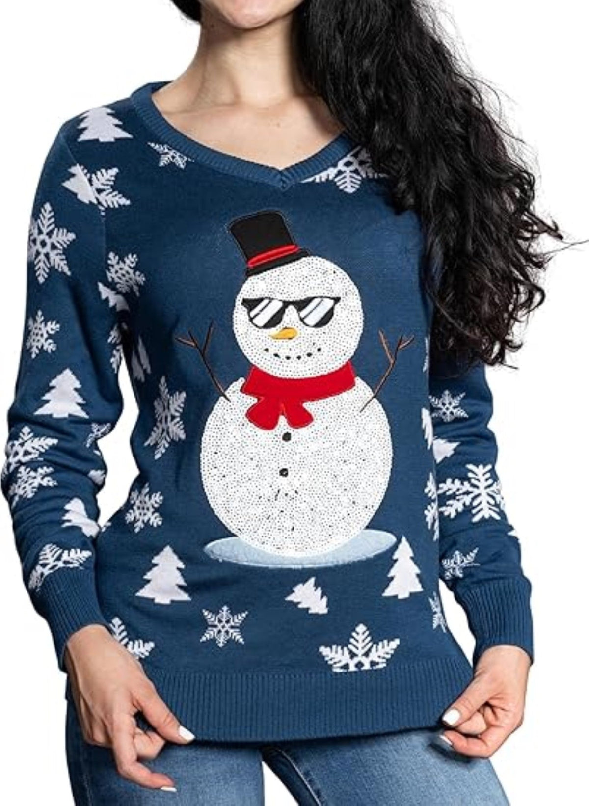 Women’s Flashy Sequin Funny Snowman Ugly Christmas Sweater - TVStoreOnline