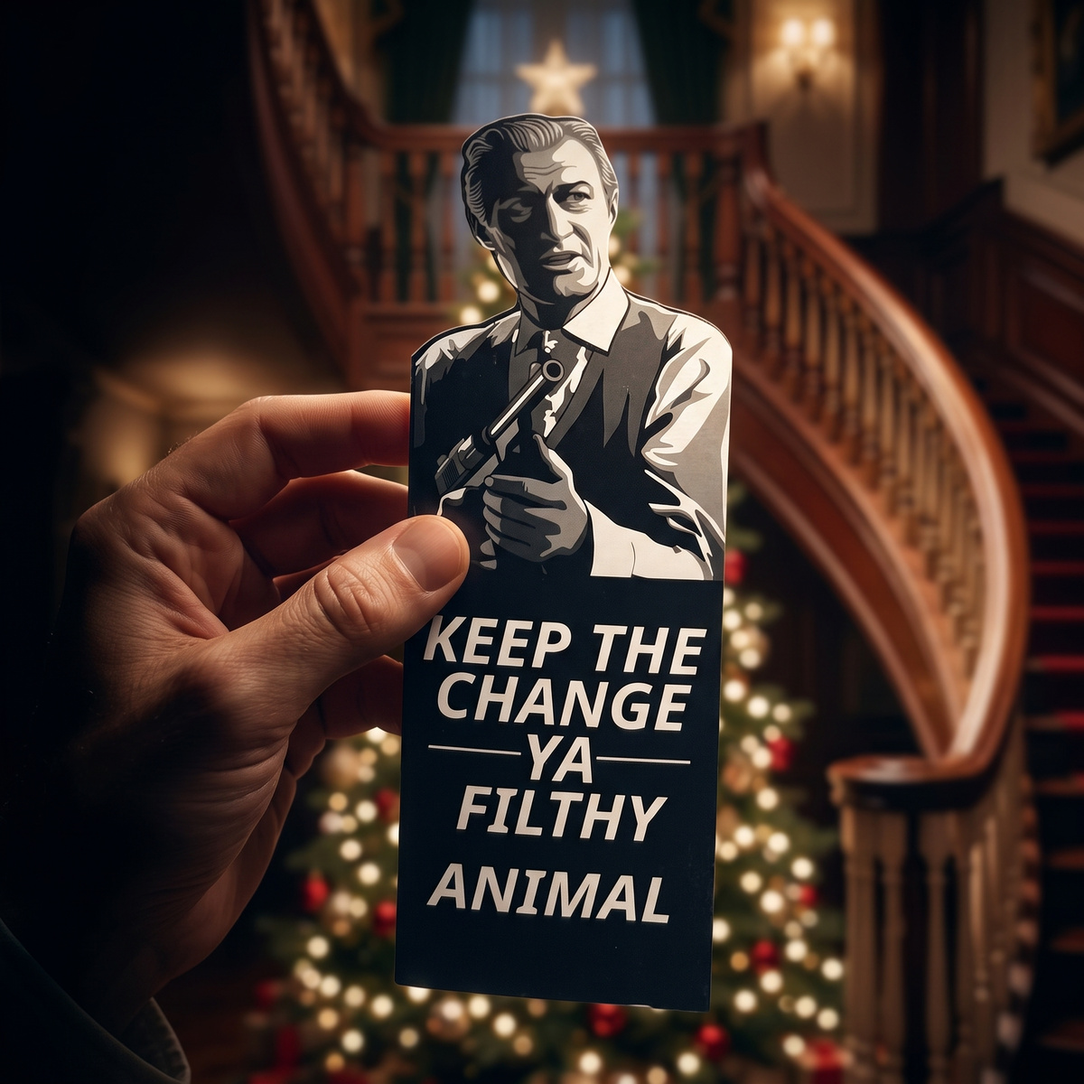 Hand holding the Ya Filthy Animal card by a staircase decorated for Christmas