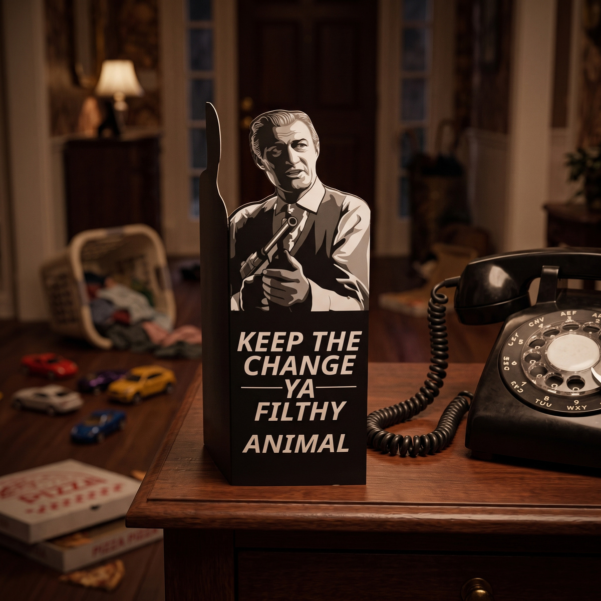 Ya Filthy Animal money card standing on a wooden desk next to a black rotary phone