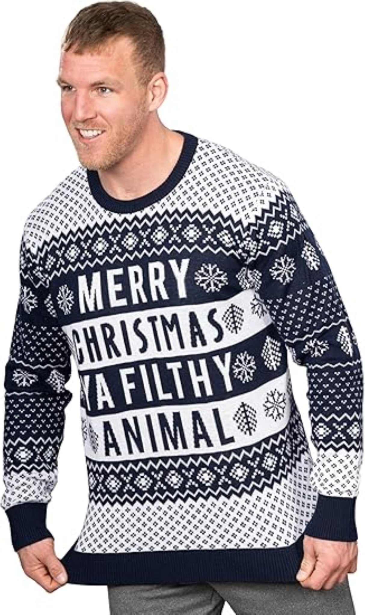 Ya Filthy Animal Quote Adult Unisex Ugly Christmas Sweater (Navy) - TVStoreOnline