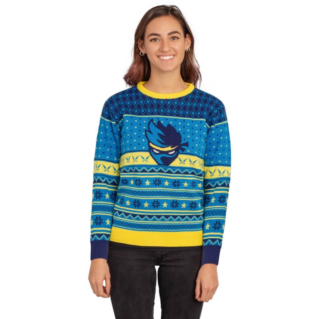 Ninja Blue and Yellow Ninja Logo Christmas Pattern Ugly Sweater 7