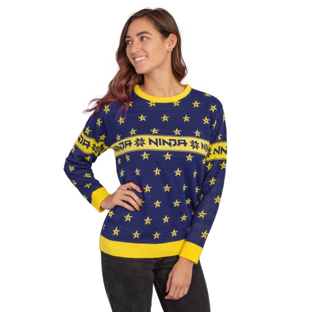 Ninja Navy and Yellow Ninja Stars Pattern Ugly Sweater 10