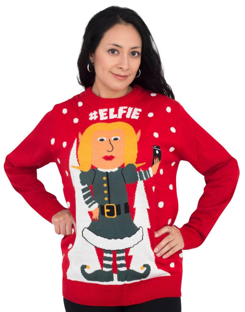 #Elfie Hashtag Women's Elf with Snowflakes Christmas Sweater-tvso