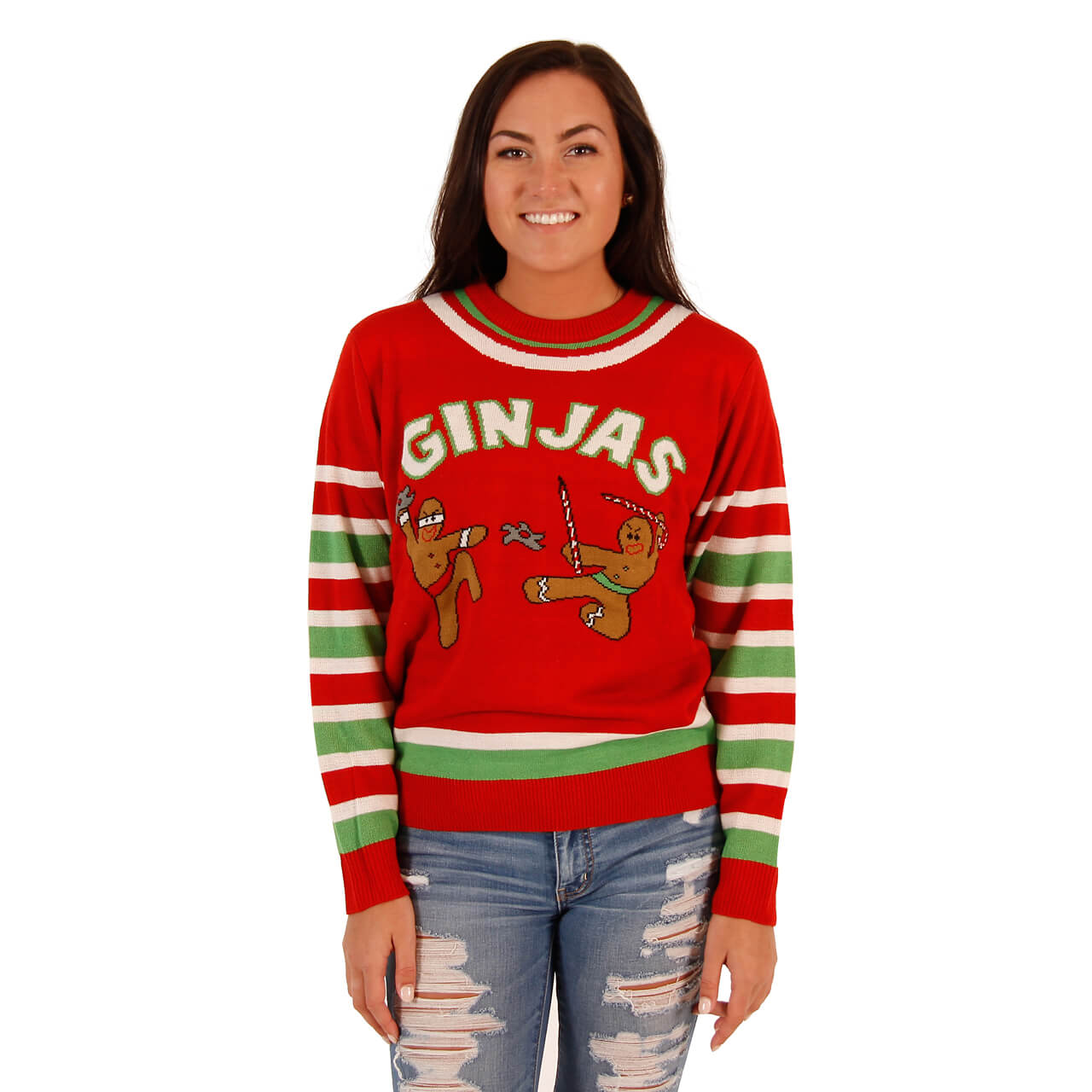 Womens Fighting Ginger Breadmen Ginjas Red Ugly Christmas Sweater