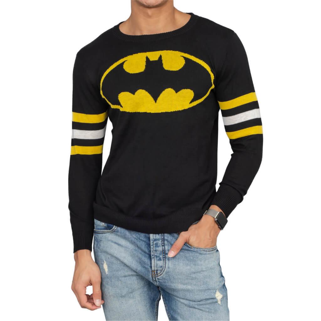 Batman Logo Knitted Sweatshirt Striped Sleeves