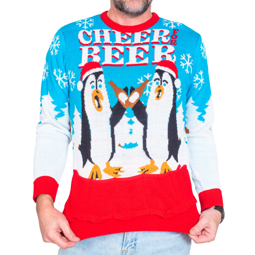 Cheer Beer Penguin Drinking Santa Hat Ugly Christmas Sweater