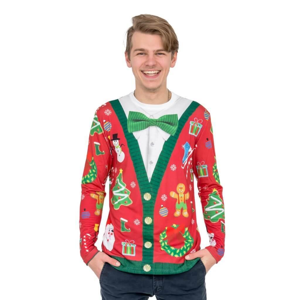 Christmas Cardigan with Bow Tie Ugly T-Shirt-tvso