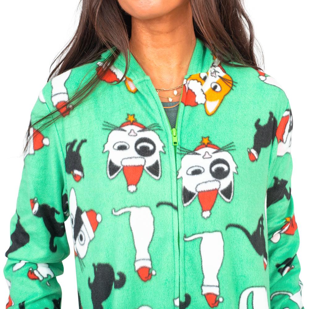Christmas Cat Pajamas Cozy Fair Isle Union Suit Adult Green Jumpsuit - TVStoreOnline