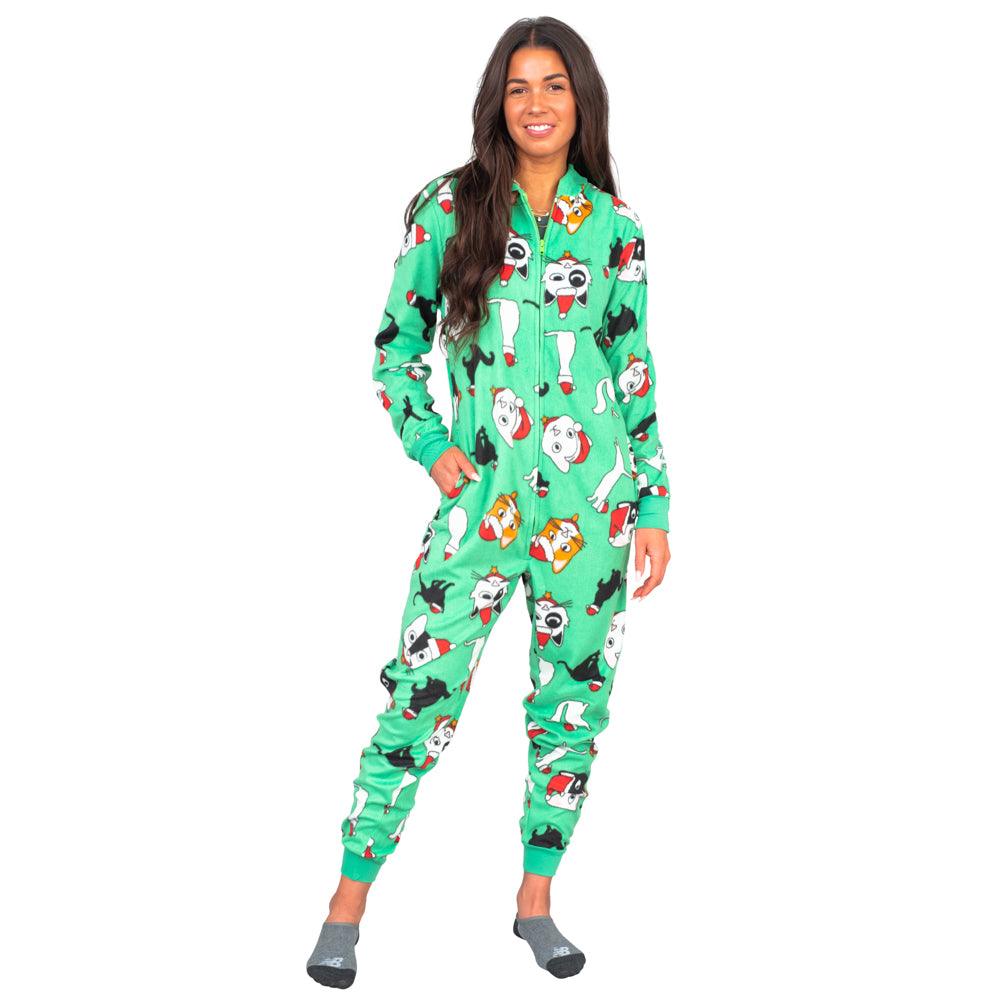 Christmas Cat Pajamas Cozy Fair Isle Union Suit Adult Green Jumpsuit - TVStoreOnline