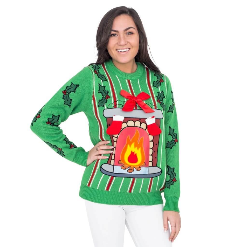 Fireplace LED Light Up Green Ugly Christmas Sweater-tvso