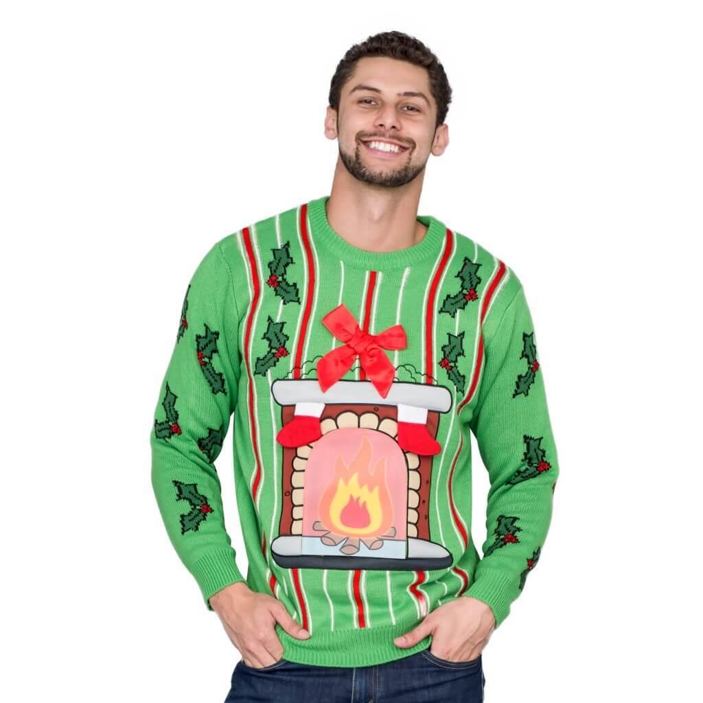 Fireplace LED Light Up Green Ugly Christmas Sweater-tvso