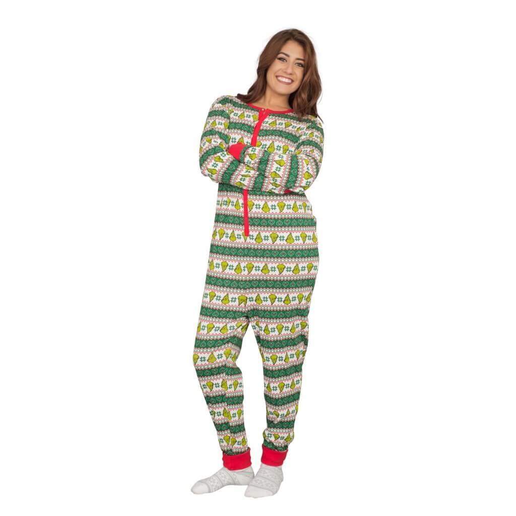 Grinch Family Faces Christmas Adult Pajama Union Suit-tvso
