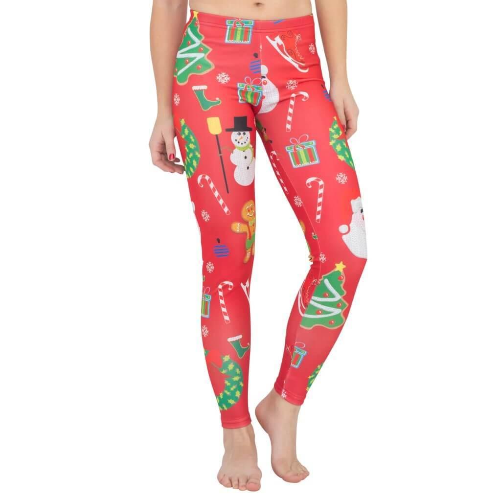 Holiday Symbols All Over Red Ugly Christmas Leggings-tvso