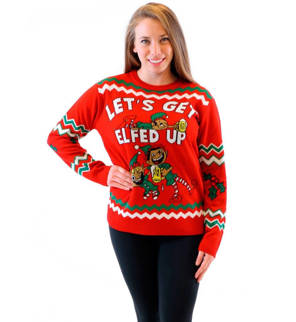 Let's Get Elfed Up Drunken Elves Ugly Christmas Xmas Sweater-tvso
