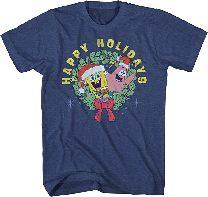 Mad Engine SpongeBob and Patrick Wreath Joy Happy Holidays Short Sleeve Christmas T-Shirt - TVStoreOnline