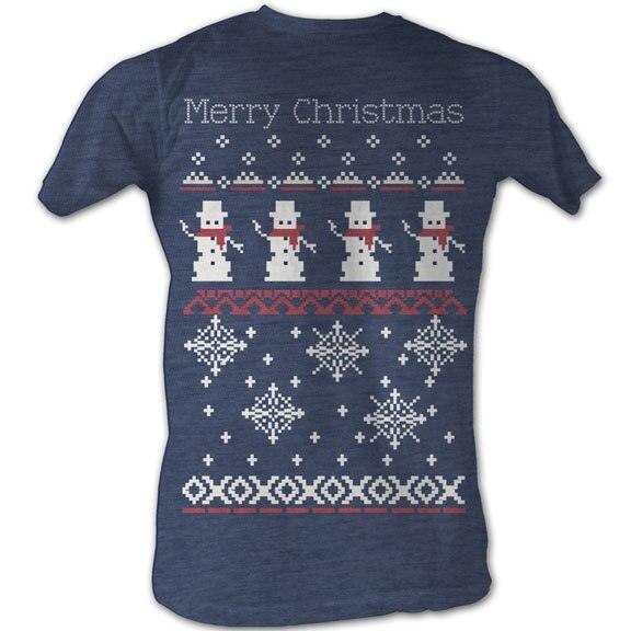 Merry Christmas Snowmen and Snowflakes 8-Bit Adult Navy T-shirt-tvso