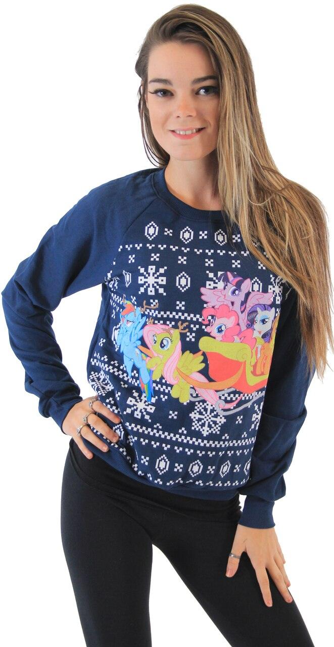 My Little Pony Group Sleigh Ride Snowflakes Juniors Navy Sweatshirt-tvso