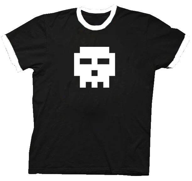 Pixel Skull Adult Black with White Ringers T-shirt-tvso
