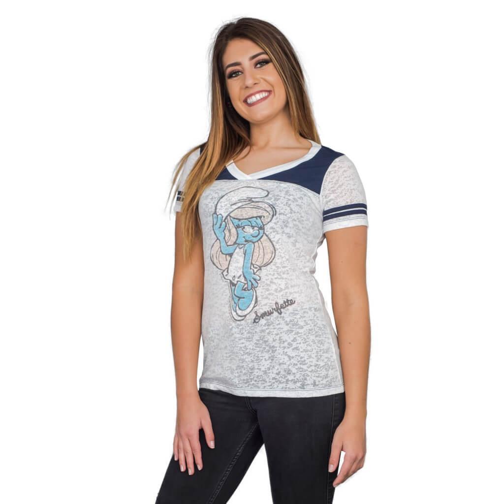The Smurfs Smurfette Pose Juniors Burnout T-shirt with Striped Sleeves-tvso