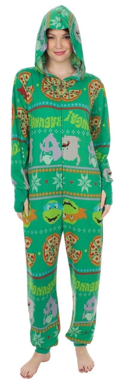TMNT Pizza All Over Hooded One Piece Pajama-tvso