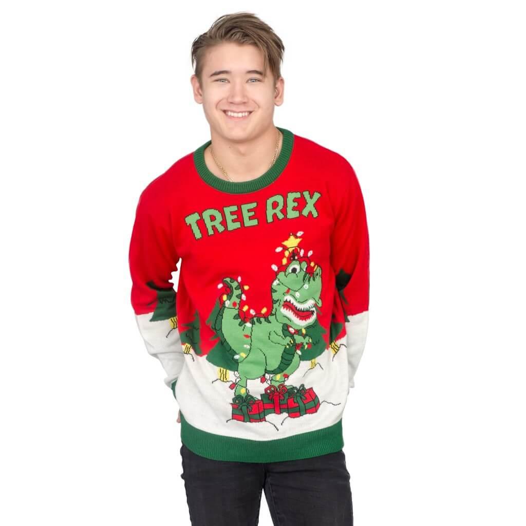 Tree Rex Light Up T-Rex Men's Ugly Christmas Sweater - TVStoreOnline