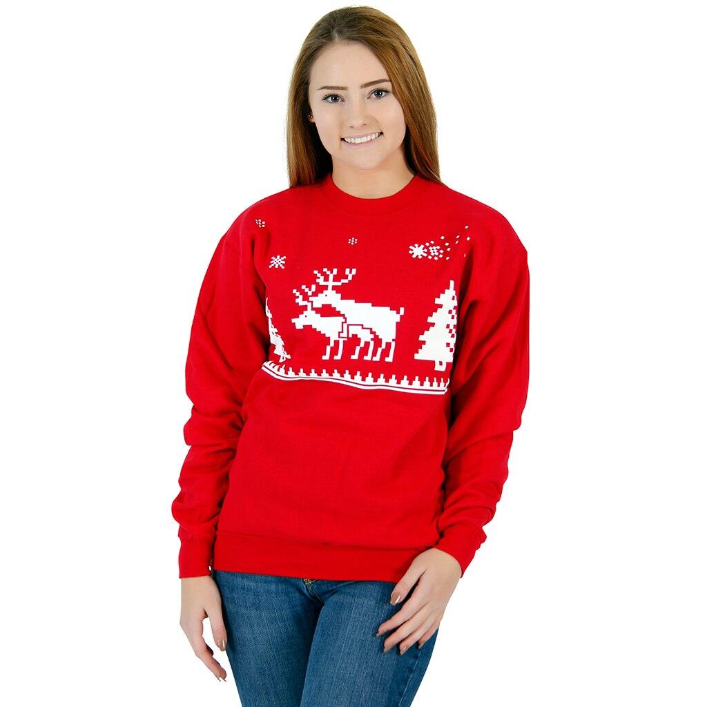 Ugly Christmas Humping Reindeer & Pine Trees 8-Bit Red Sweatshirt-tvso