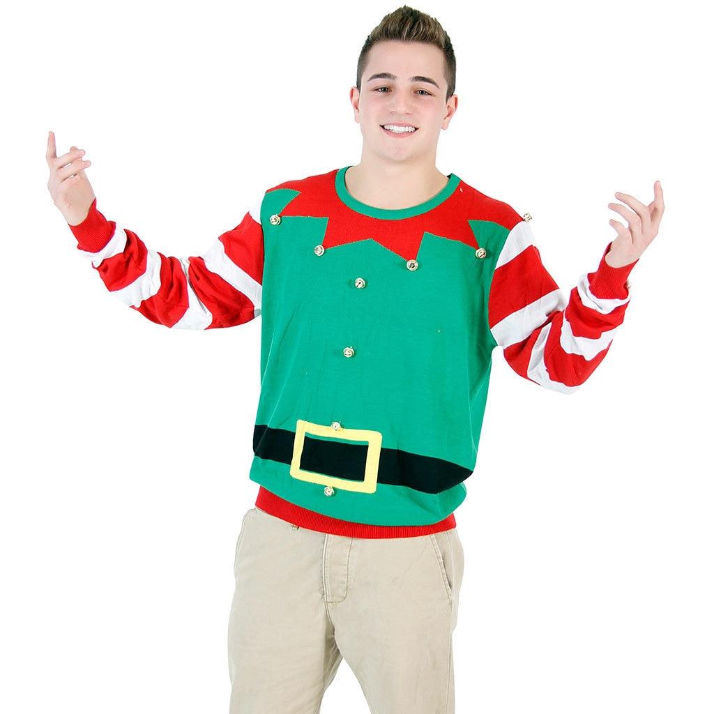 Ugly Christmas Sweater Elf with Bells Adult Green and Red Costume Sweater - L Ugly Christmas Sweater Elf with Bells Adult Green and Red Costume Sweater - L