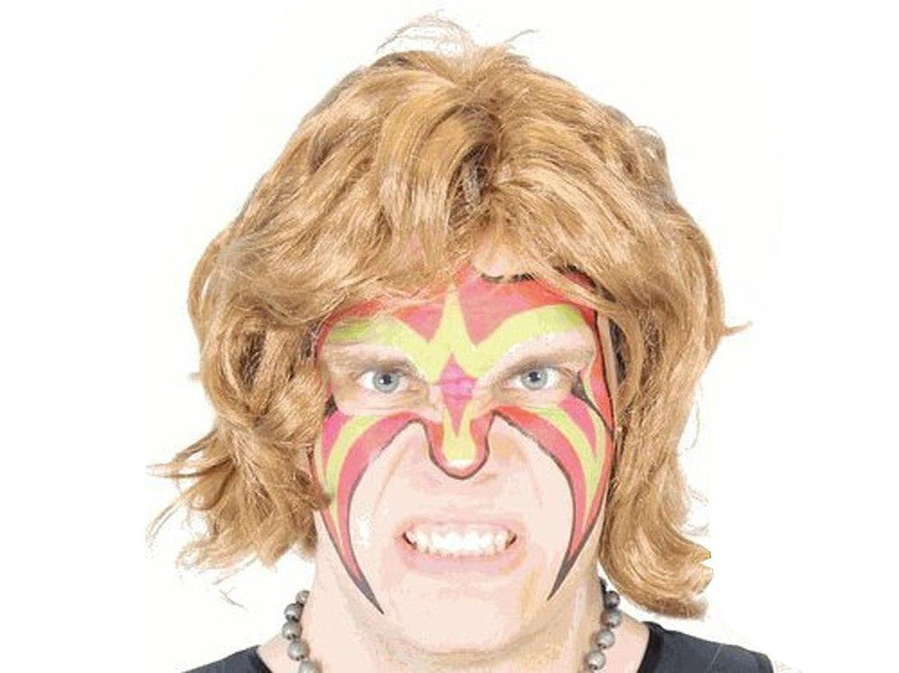 Ultimate Warrior Makeup Temporary Tattoo Wig and Armbands Costume Set-tvso
