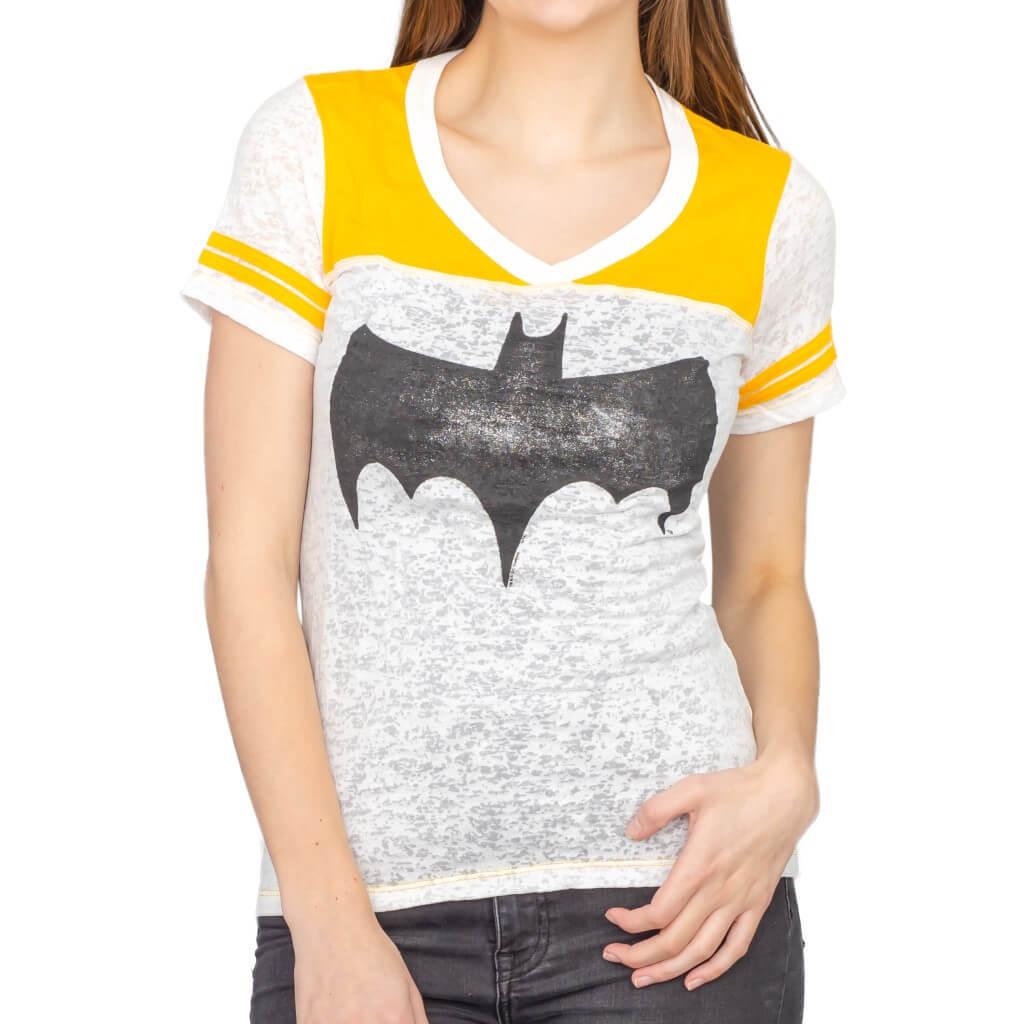 Vintage Batman Logo Juniors Burnout T-shirt with Striped Sleeves-tvso