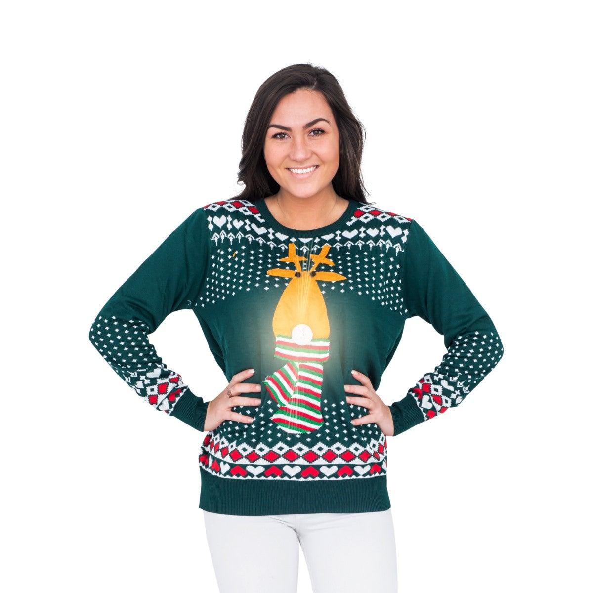 Women's Green Reindeer Ugly Christmas Sweater 1