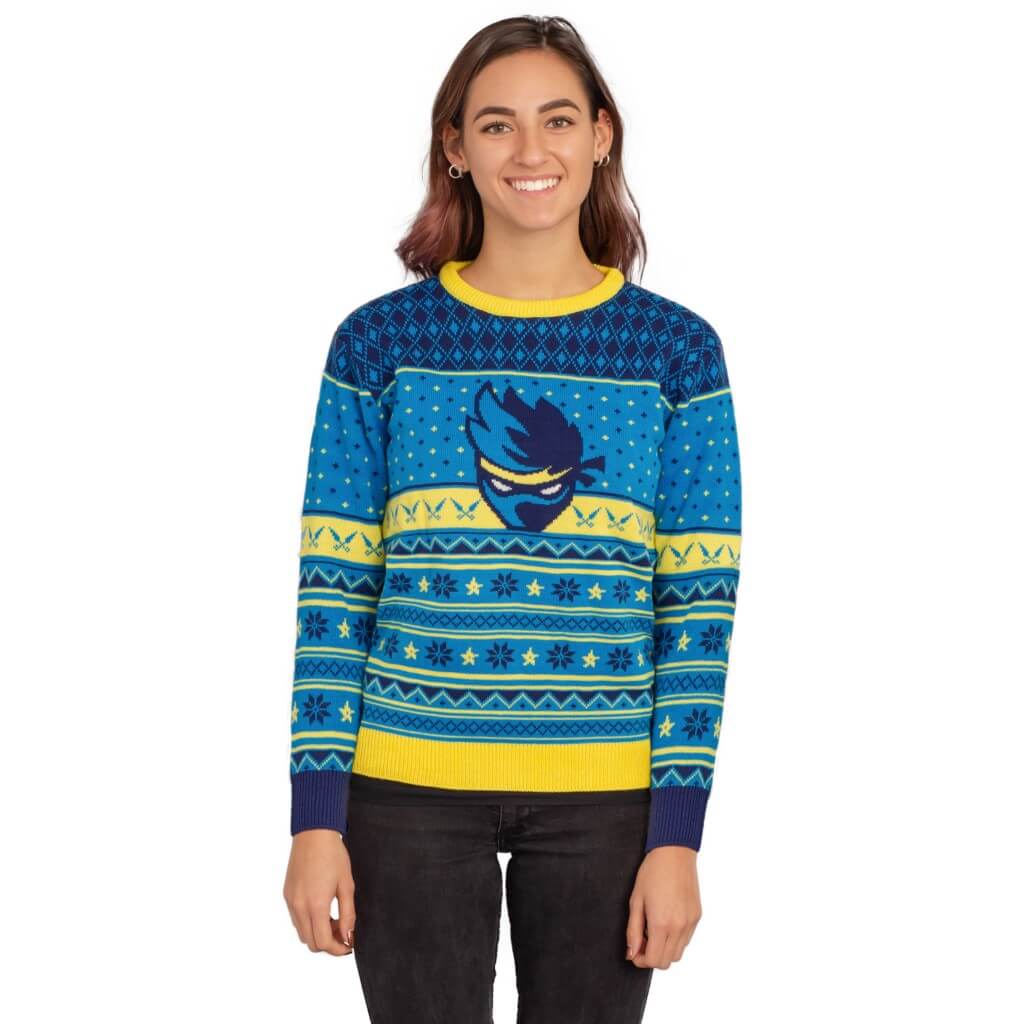 Women's Fortnite Ninja Logo Ugly Christmas Sweater Shurikens Pattern - TVStoreOnline