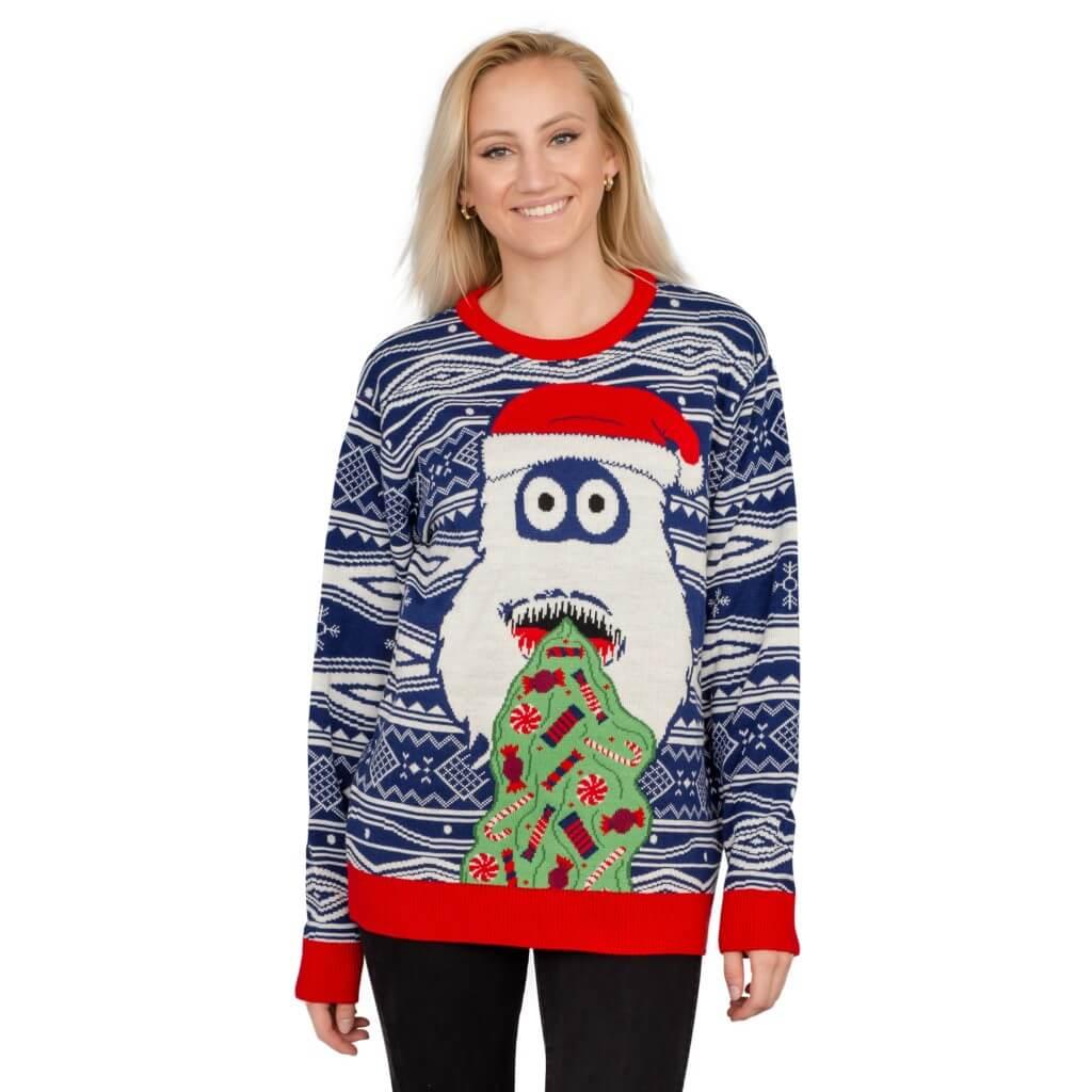 Women's Yeti Santa Hat Throw up Candy Ugly Christmas Sweater - TVStoreOnline