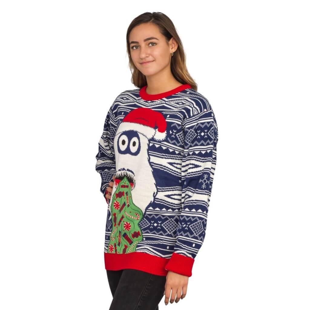 Women's Yeti Santa Hat Throw up Candy Ugly Christmas Sweater - TVStoreOnline