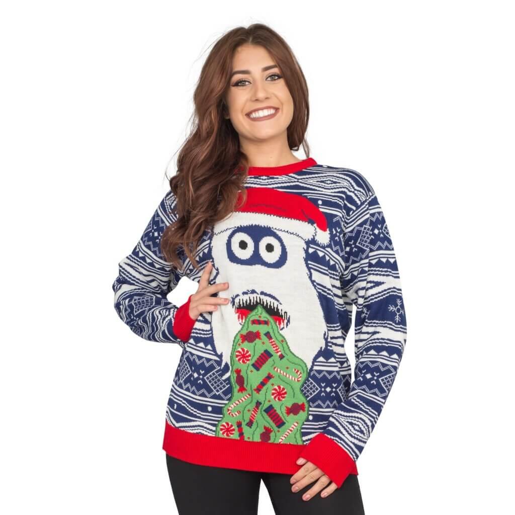 Women's Yeti Santa Hat Throw up Candy Ugly Christmas Sweater - TVStoreOnline