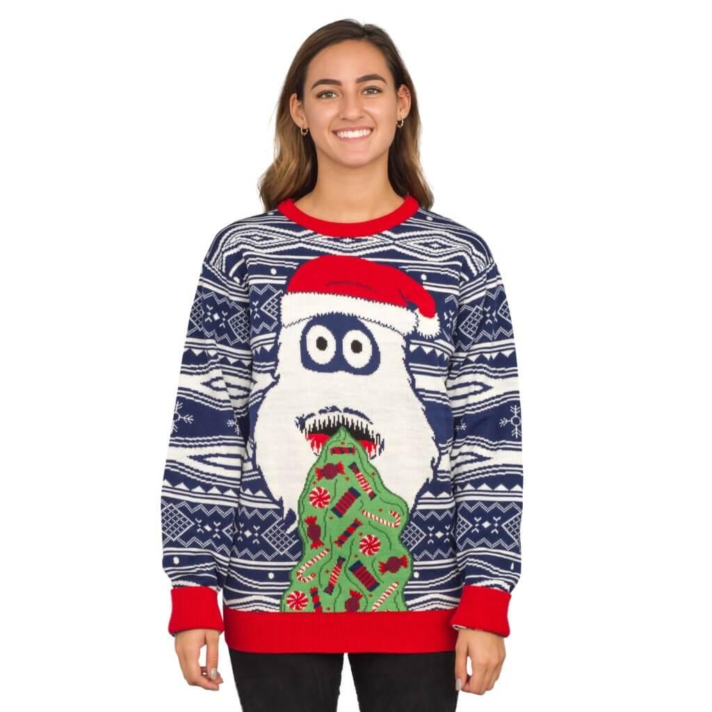 Women's Yeti Santa Hat Throw up Candy Ugly Christmas Sweater - TVStoreOnline