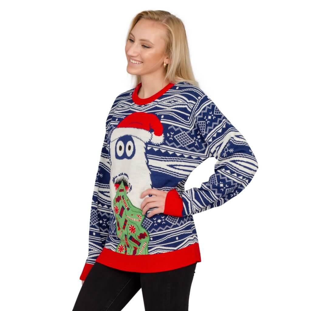 Women's Yeti Santa Hat Throw up Candy Ugly Christmas Sweater - TVStoreOnline
