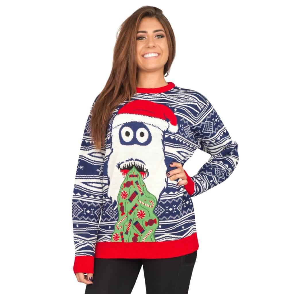 Women's Yeti Santa Hat Throw up Candy Ugly Christmas Sweater - TVStoreOnline