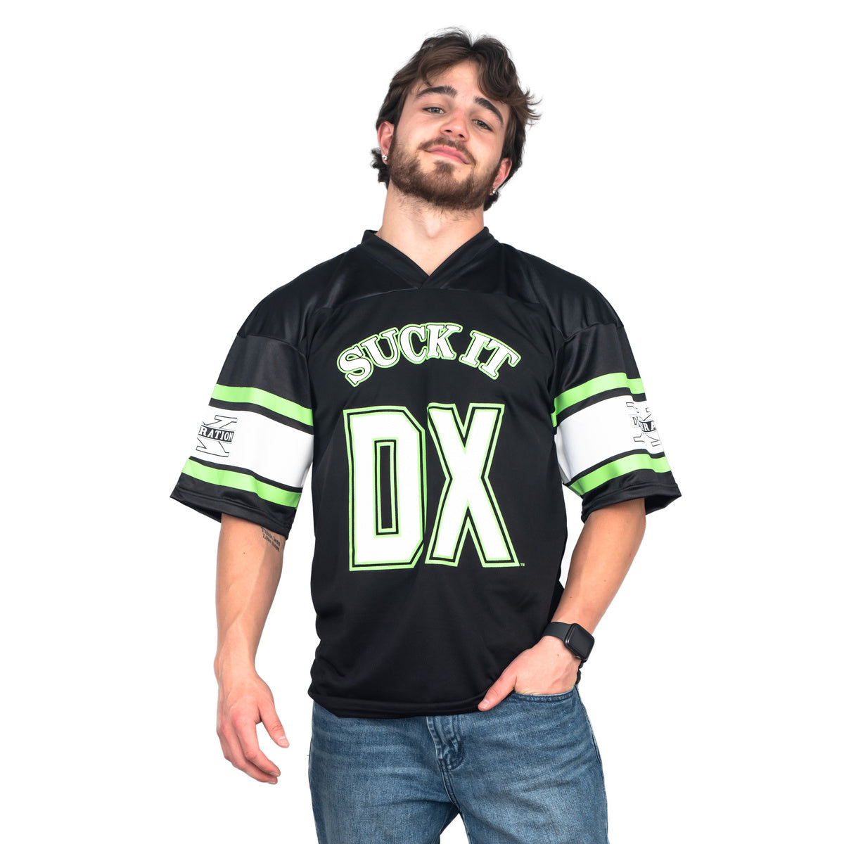 WWE DX D-Generation X Suck It costume jersey, front view on male model in jeans