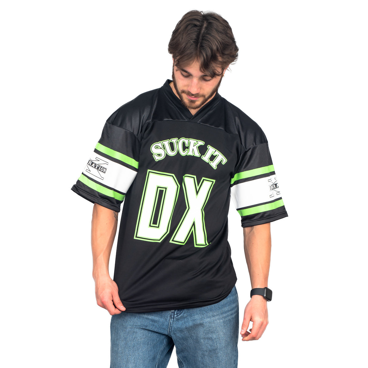 Model looking down at the black and green DX Suck It jersey, front view